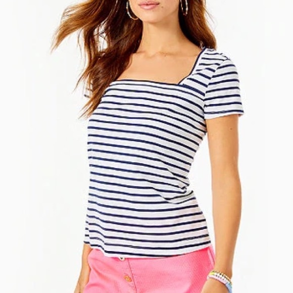 Lilly Pulitzer Rexa Square Neck Top Navy Blue & White Stripe Size Medium